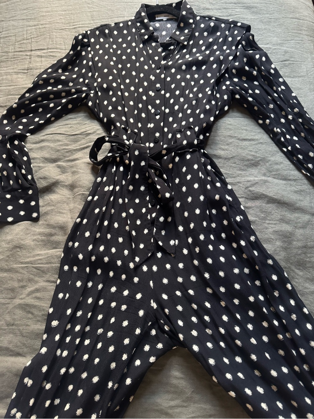 Mango Black and White Polka Dot Jumpsuit with Tie Waist